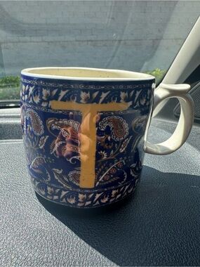 Anthropologie Speckled Cream Ceramic Mug with Navy Rim